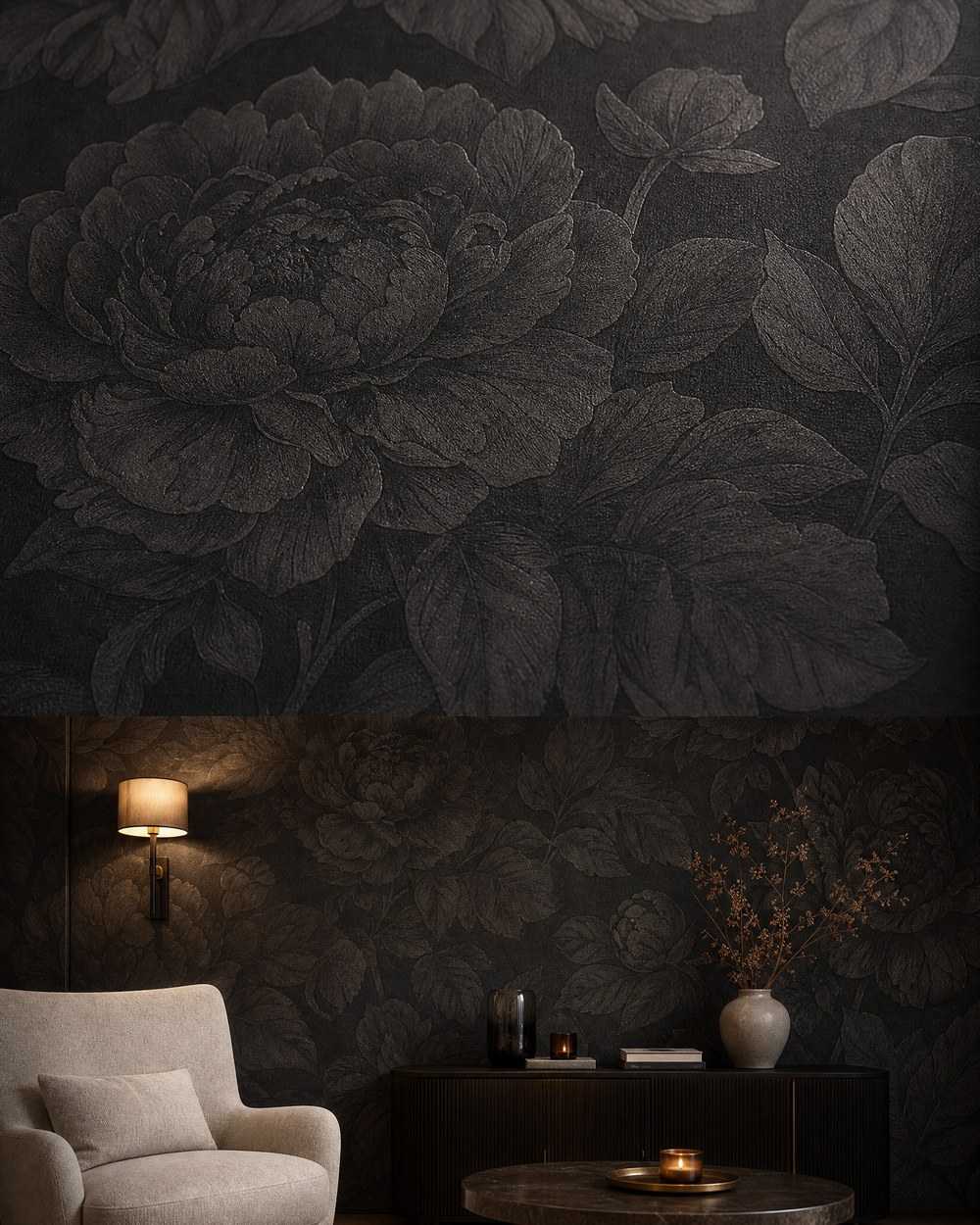 Charcoal Feature Bloom — Living Room Wallpaper
