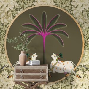 Twin Cows Violet Palm Pichwai Mural
